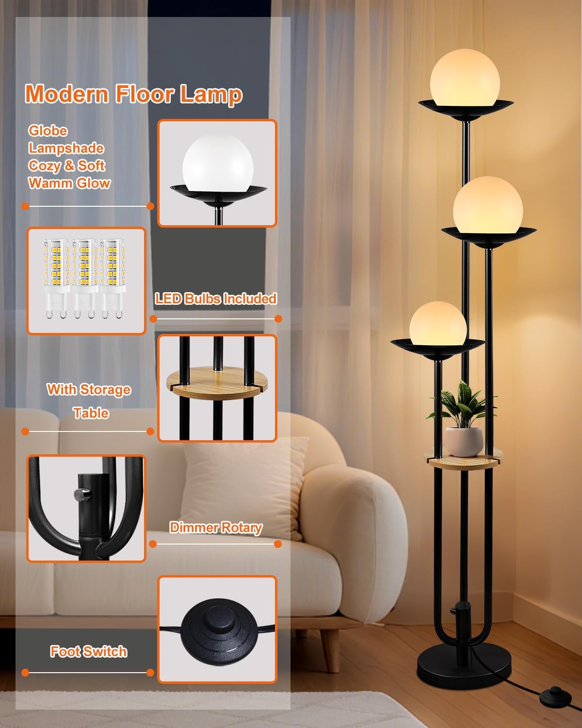 63IN Globe Floor Lamp with Table, 3-Lights Modern Dimmable Floor Lamps with 3000K Soft Warm White Bulbs for Wedding/Party, Black Tall Standing Lamp for Living Room/Bedroom