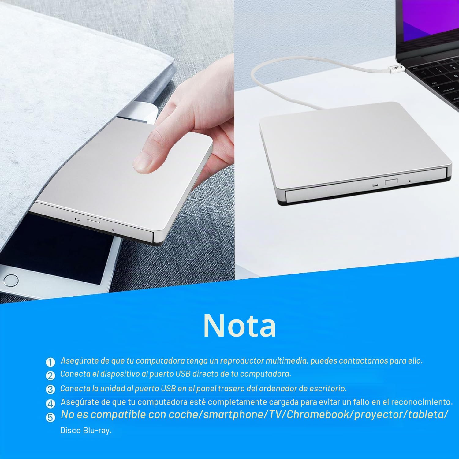 Unidad Externa USB-C SuperDrive DVD CD Lector/grabadora portátil para Apple-MacBook Air/Pro/iMac/Mini/MacBook Pro/ASUS/DELL/Laptop con Puerto USB-C Plug and Play