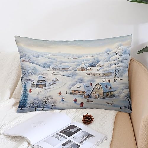 Miniatura 5 de Fundas de almohada decorativas de aldea de árbol de Navidad, fundas de almohada rectangularesde cintura de 20 x 30 pulgadas, escena de invierno con