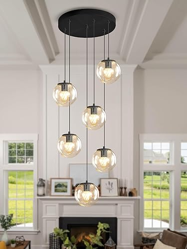 Miniatura 63 de Lámpara Colgante de Globo de Vidrio de 6 Luces Moderna Candelabro de Globo de Vidrio Gris Humo Grandes Candelabros para Techos Altos Entrada Luz
