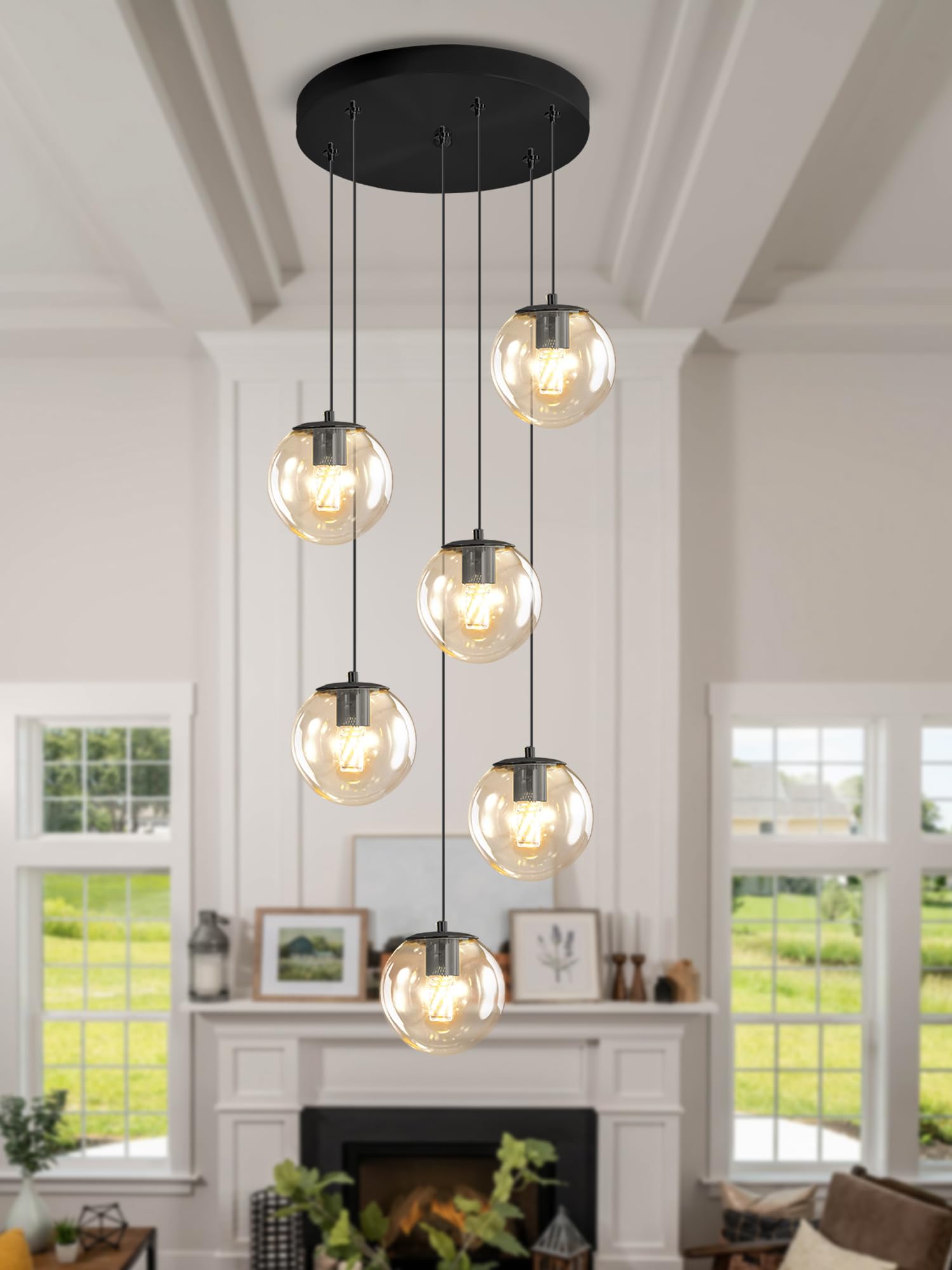 6-light led staircase modern glass globe pendant light large chandeliers for high ceilings, entryway lighting fixture villas and stairs