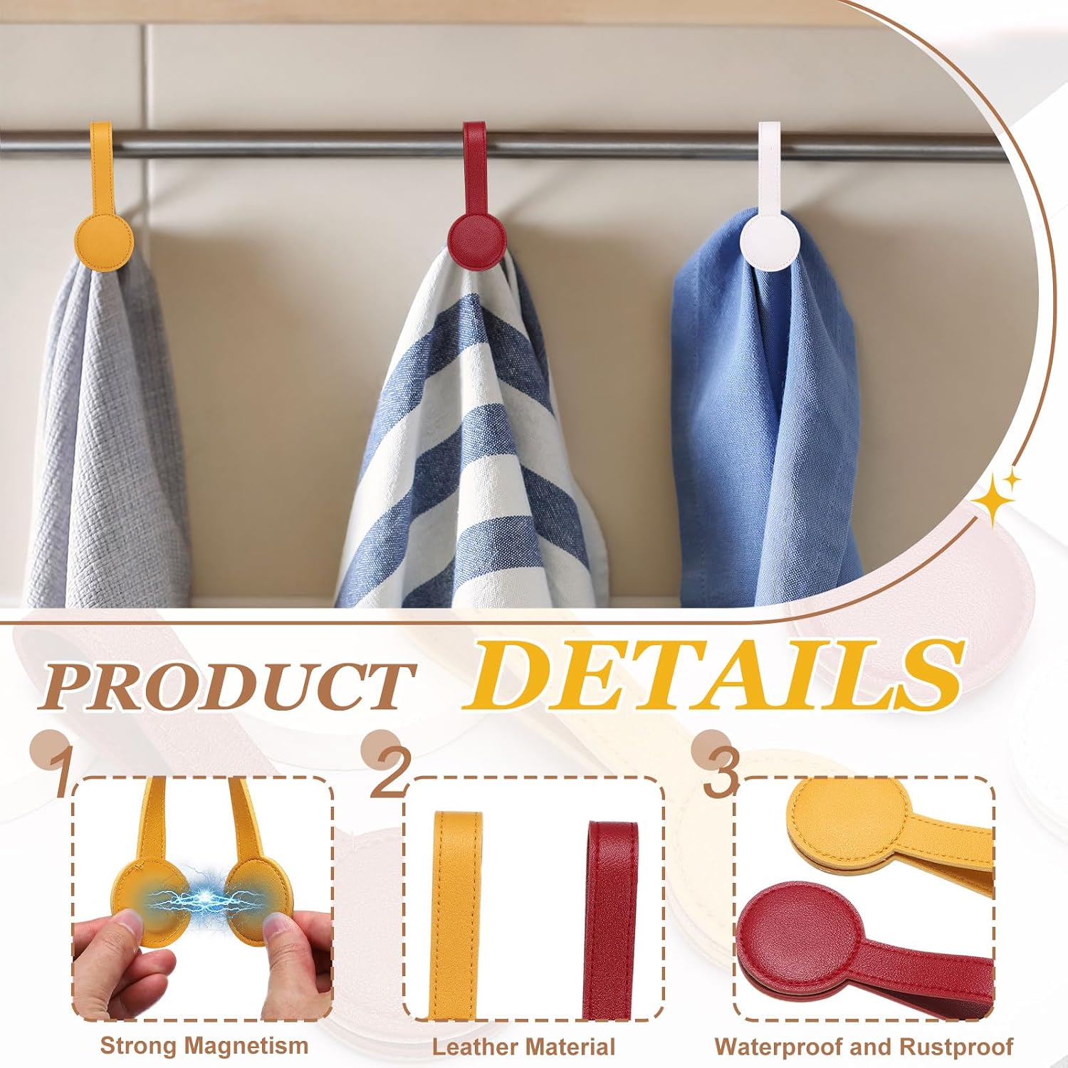 uxcell 4 Pcs Kitchen Magnetic Towel Clips, Leather Towel Holder Clip Multi-Purpose Hand Hooks Kitchen Accessories for Oven Handles Bars Racks, Brown image 3