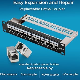 Rapink Mini 12 Port Cat6A Patch Panel with Inline Keystone 10G Support, Shielded 10-Inch with Removable Back Bar, 1U Network Patch Panel for Cat7, Cat6, Cat6A, Cat5e