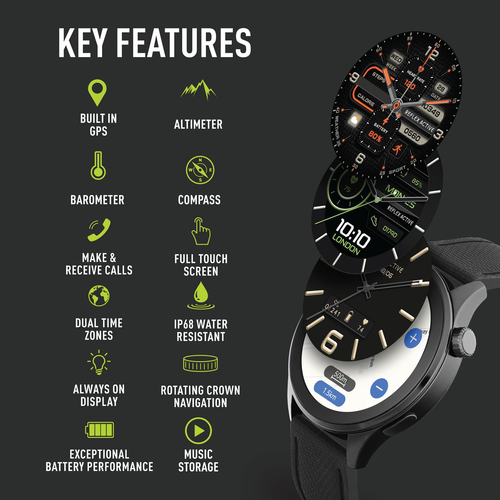 Reflex Active Inteligentny zegarek Amoled Series 45 dla mężczyzn i kobiet z wbudowanym GPS, wstępnie załadowanymi mapami, nawiązywaniem i odbieraniem połączeń, tętnem, trybami sportowymi
