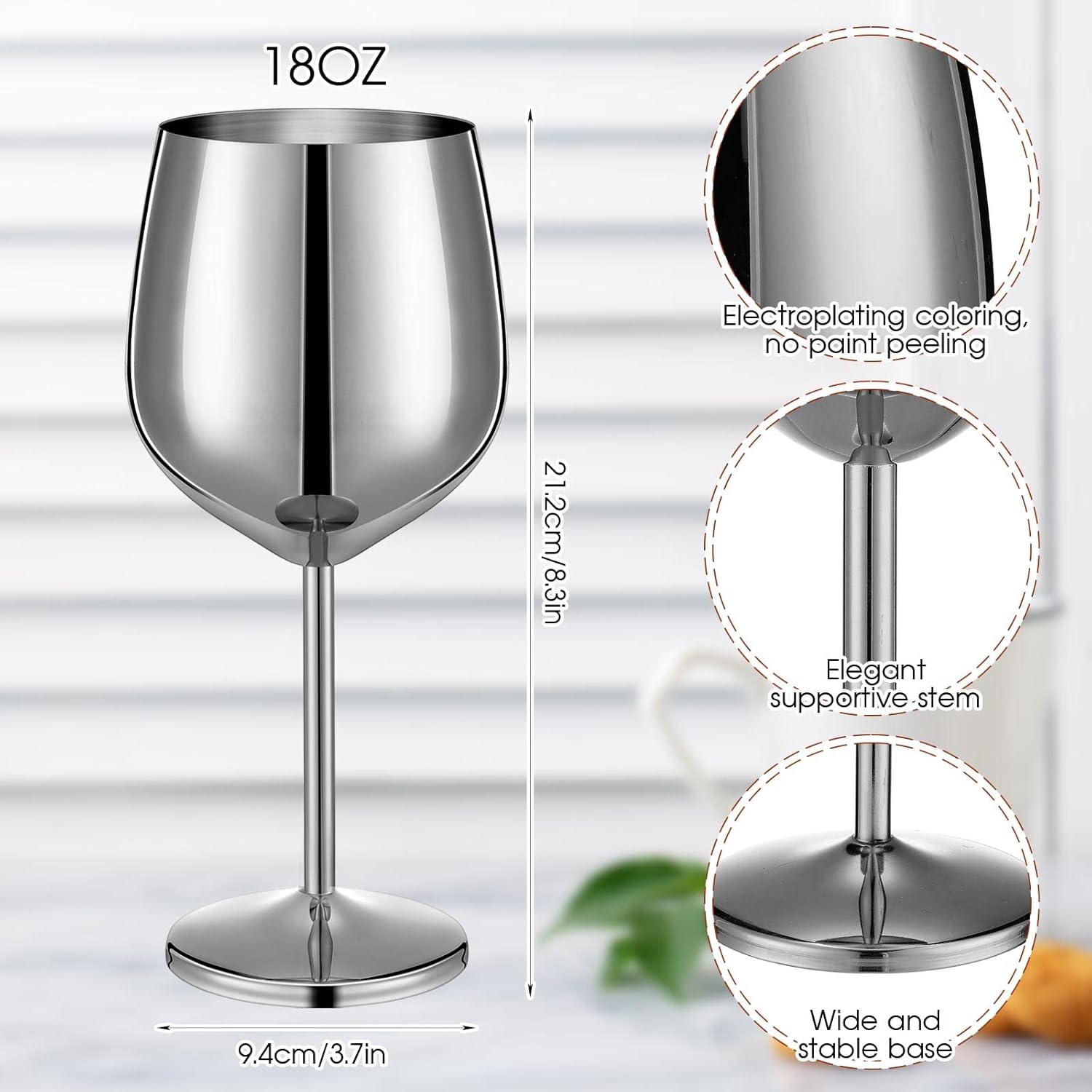 Set of 6 18 oz Stainless Steel Wine Glass Unbreakable Glasses for Travel, Camping and Pool Stemmed Metal Wine Glass Goblet for Outdoor Event Picnic Party Beach Pool Travel Wedding Anniversary (Silver)