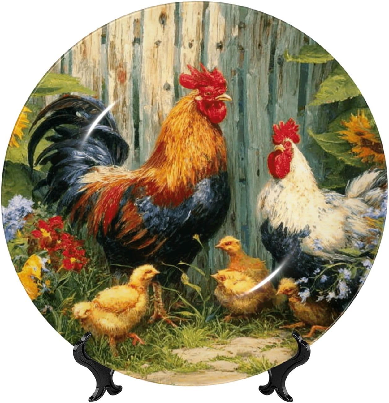 Decorative Plate 10in Bone China Dessert Plates with Display Stand Ceramic Ornament Ceramic chicken painting Decorative Plates Art Crafts Porcelain Plate for Home Club Living Room