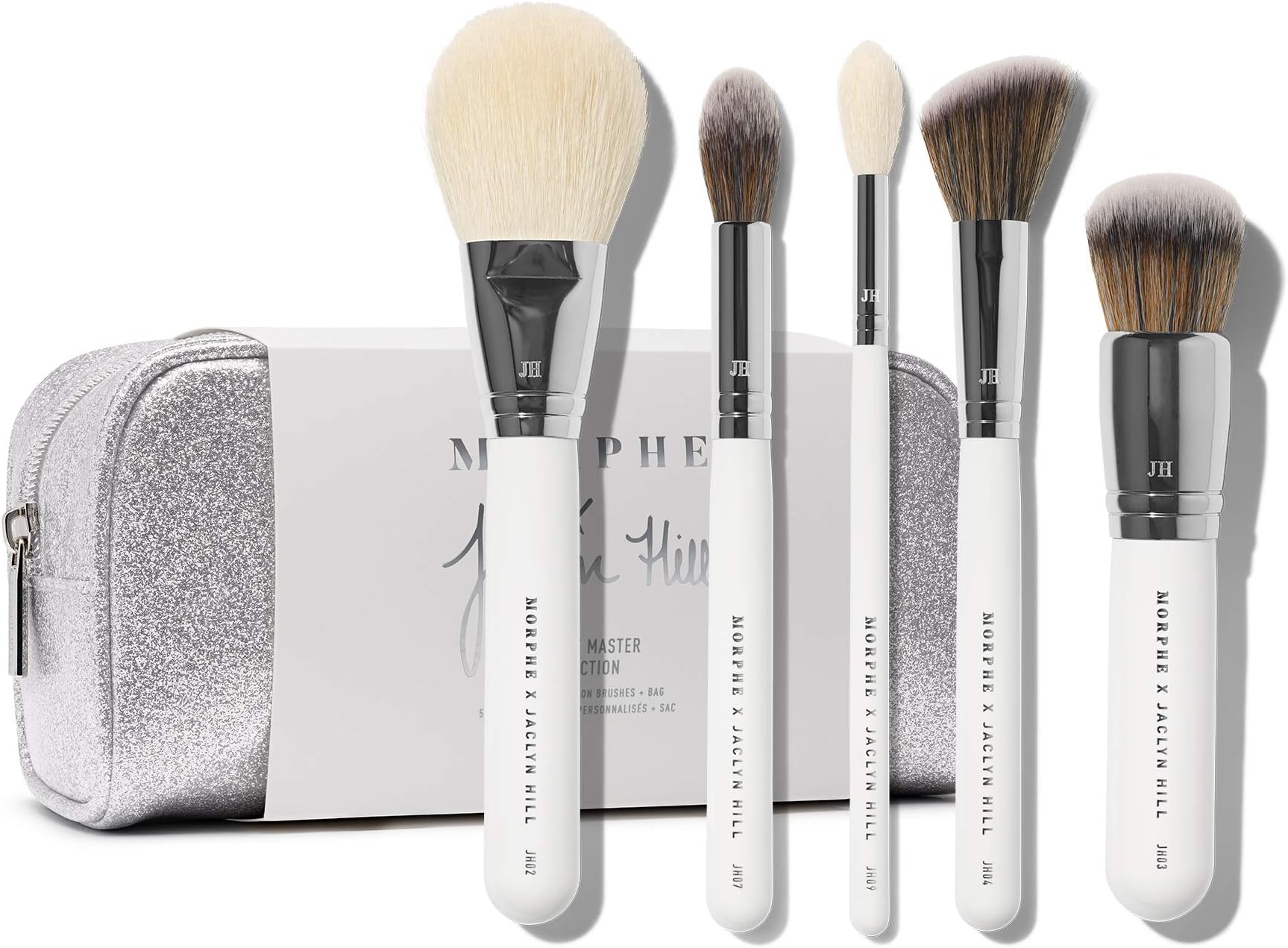 Morphe x Jaclyn Hill Makeup Brush Set - The Complexion Master Collection - Includes Bronzer, Foundation, Blush, Undereye Powder and Highlighter Brushes Plus Travel Bag - Natural and Synthetic Brushes
