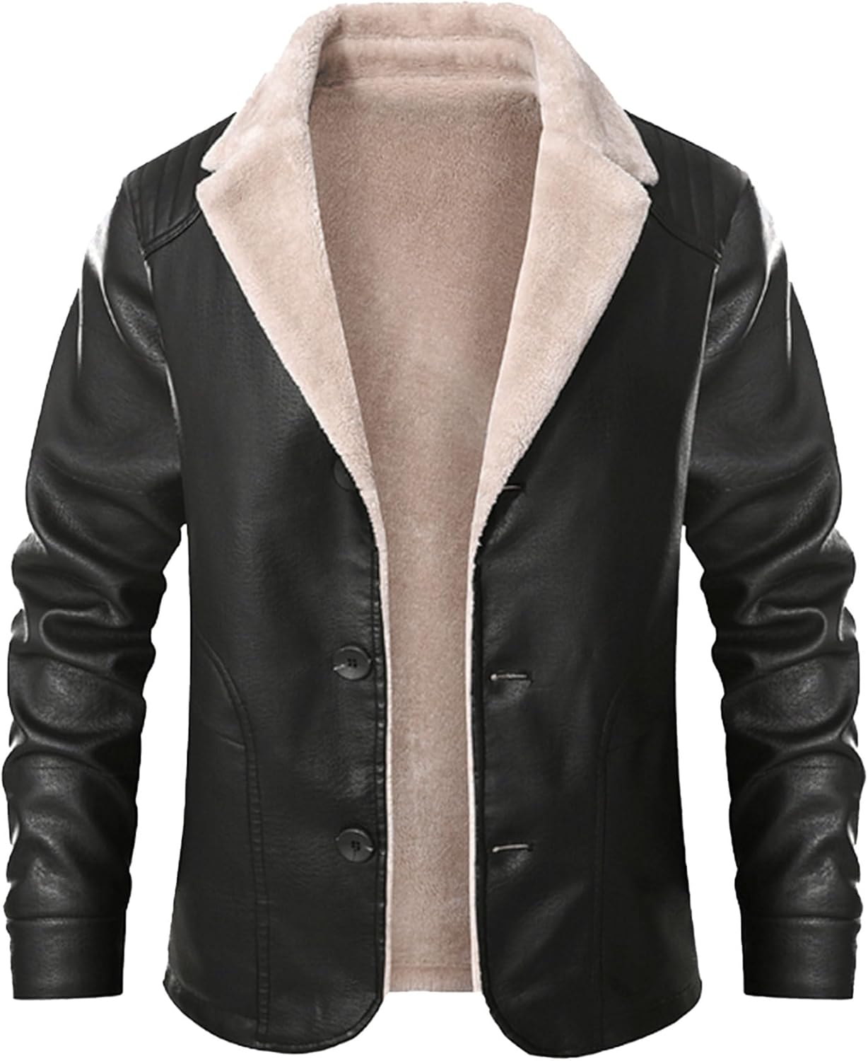 SOMTHRON Men's Faux Leather Sherpa Lined Jacket Notched Lapel Winter Trench Coat Motorcycle Trucker Jacket