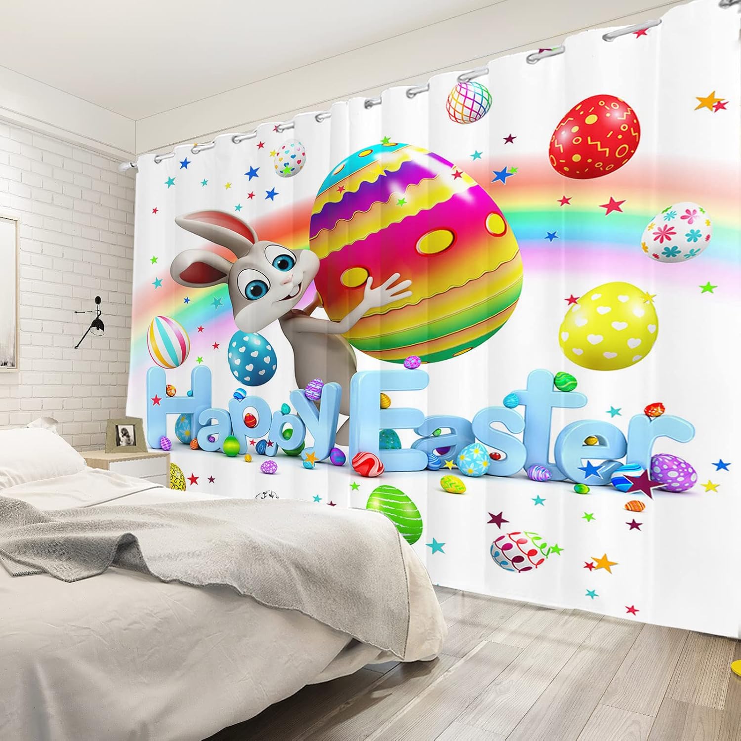 Yeele 42x108inches Happy Easter Blackout Window Curtains Kids Room Funny Rabbit Colorful Eggs Thermal Insulated Printed Curtains Waterproof Polyester Room Darkening Curtains with Grommets,2 Panels