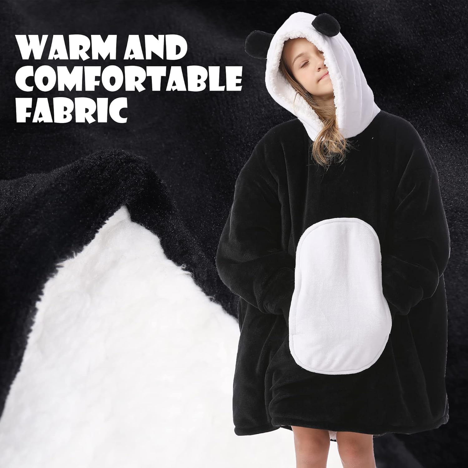 Kipswiza Panda Blanket Hoodie for Kids 6-13 Birthday Gifts, Soft Cozy Sherpa Oversized Wearable Blankets Big Hooded Sweatshirt with Ears & Pockets for Girls Boys (Black & White) - Image 3