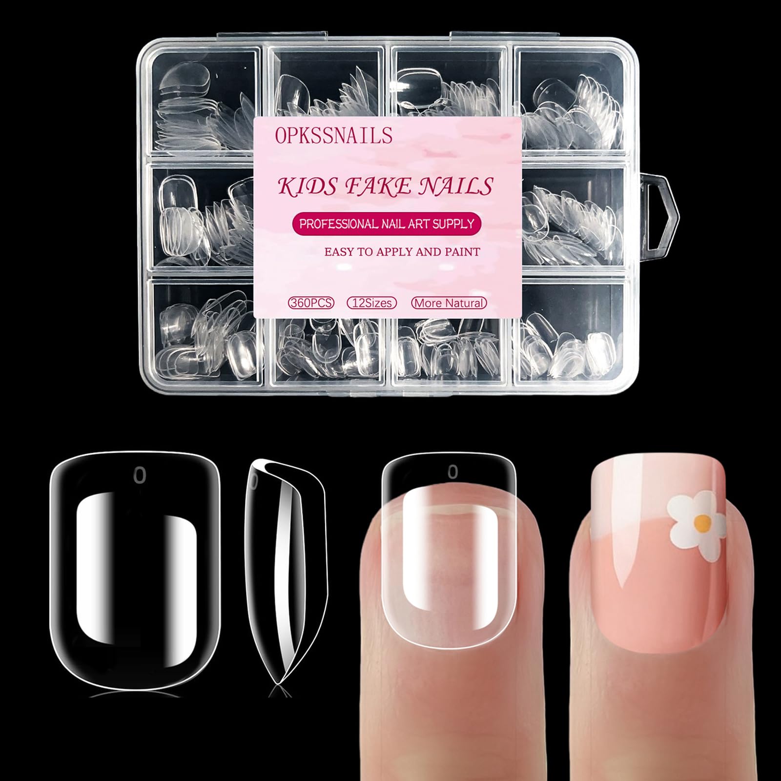 OPkssnails 360Pcs Kid Nail Tips,Soft Gel Nail Tips Pre-Shaped Press On Nails For Kids,Clear Acrylic Half Matte Full Cover Fake Nail For Kids DIY