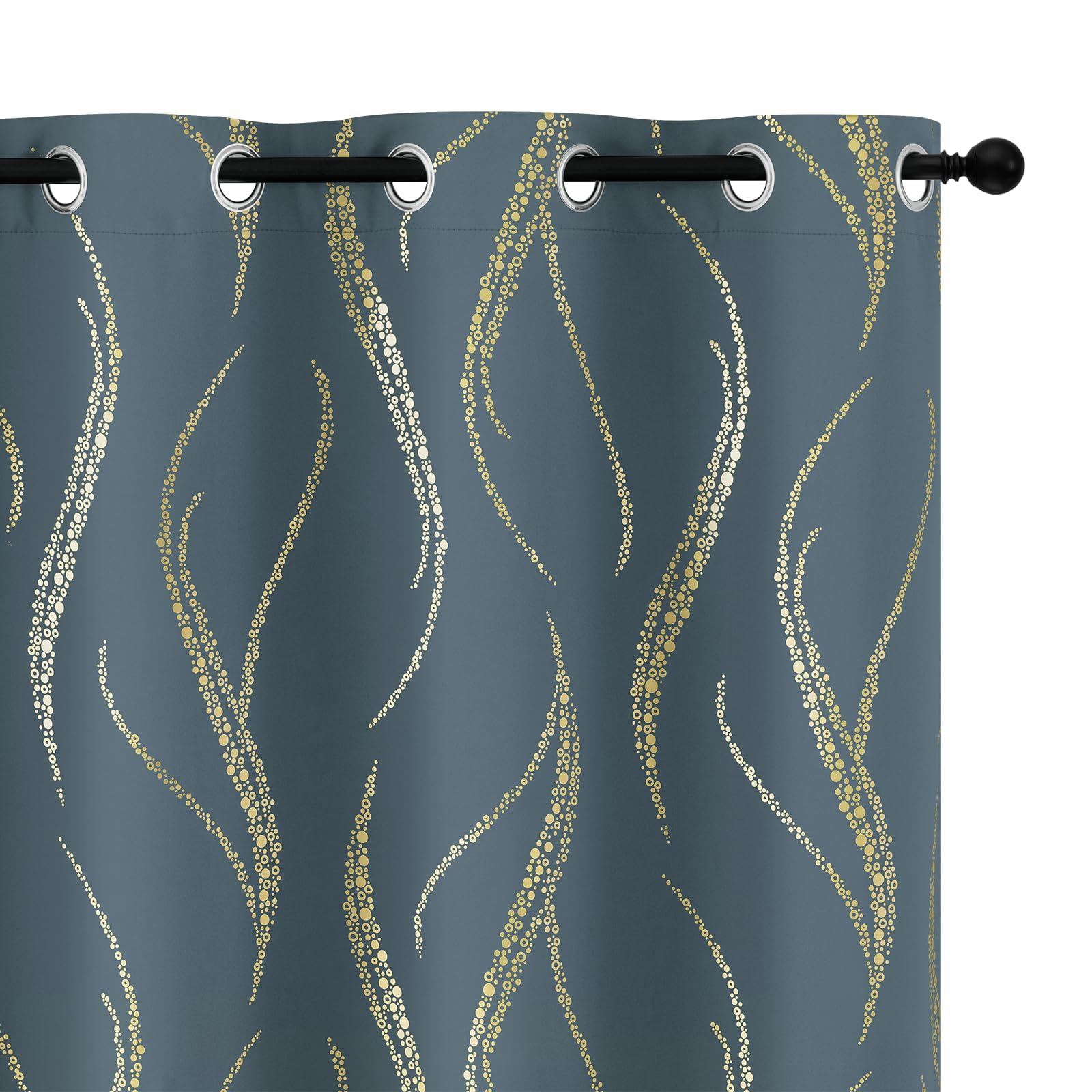 Yakamok Blackout Curtains, 72 inch length, living room, thermal insulated, gold, wave line, dots, pattern, curtains, room darkening, eyelet curtains for bedroom, stone blue, W 52 x L 72 inches, — image 1