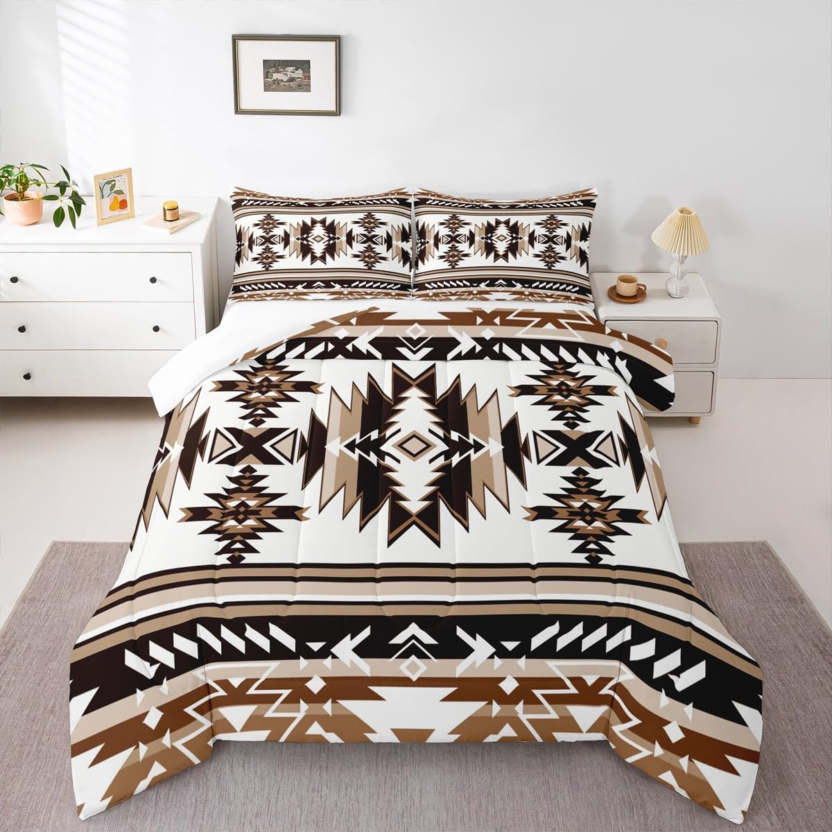 Manfei Aztec Print Kids Comforter Set Queen Size,Western Cowboy Southwest Tribal Bedding Set,Boys Girls Adults Room Decor,Abstract Geometric Patchwork Qulit Set,Brown Retro Duvet Insert,2 Pillowcases