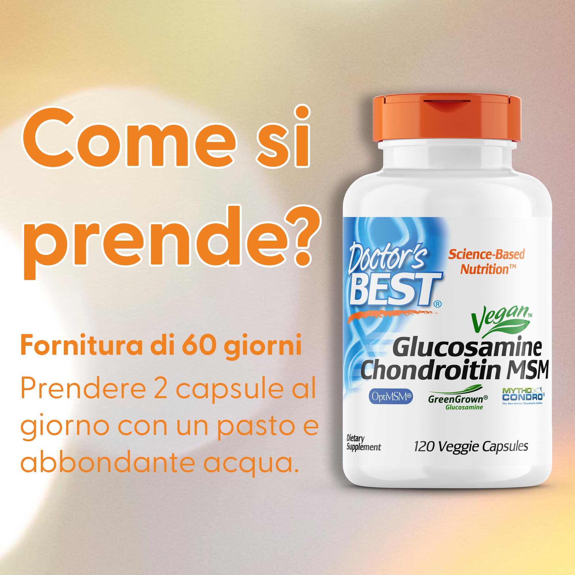 Doctor's Best, Vegan Glucosamine Chondroitin MSM, Altamente Dosato, 120 Capsule vegane, Testato in Laboratorio, Senza Glutine, Vegetariano, Senza Soia, Non OGM