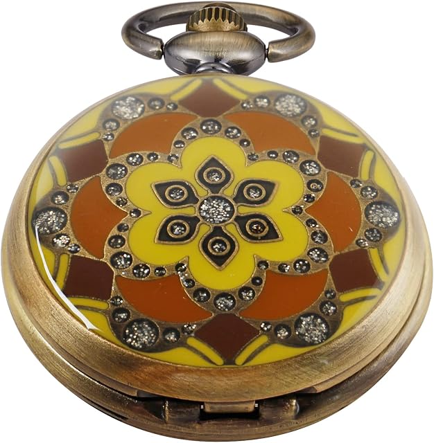 Tiong Emerald Flower Shape Quartz Movement Pocket Watch, Fashion Unisex Quartz Pocket Watches with Chain for Men and Women