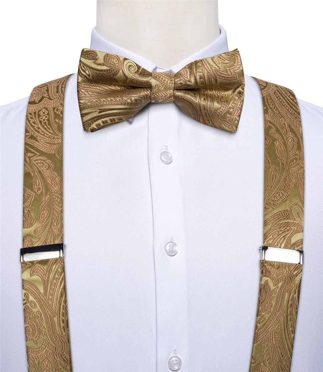 keusyoi Elegantes tirantes de seda dorada para hombre, de cuero y metal, 6 clips, tirantes elásticos para pantalones de boda