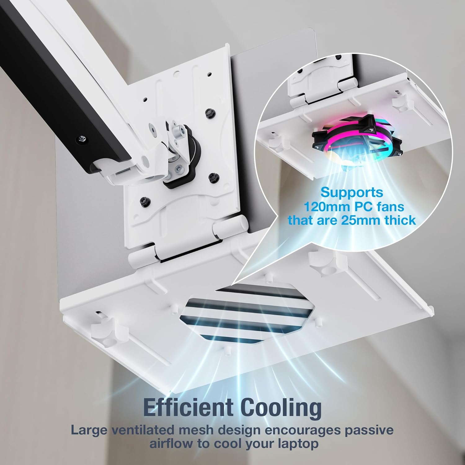 AVLT Adjustable Laptop Tray with Support for 120mm Fan Compatible with VESA 75x75 Monitor Arm - Suitable for Laptops Up to 17Inch - White (Fan Not Included)
