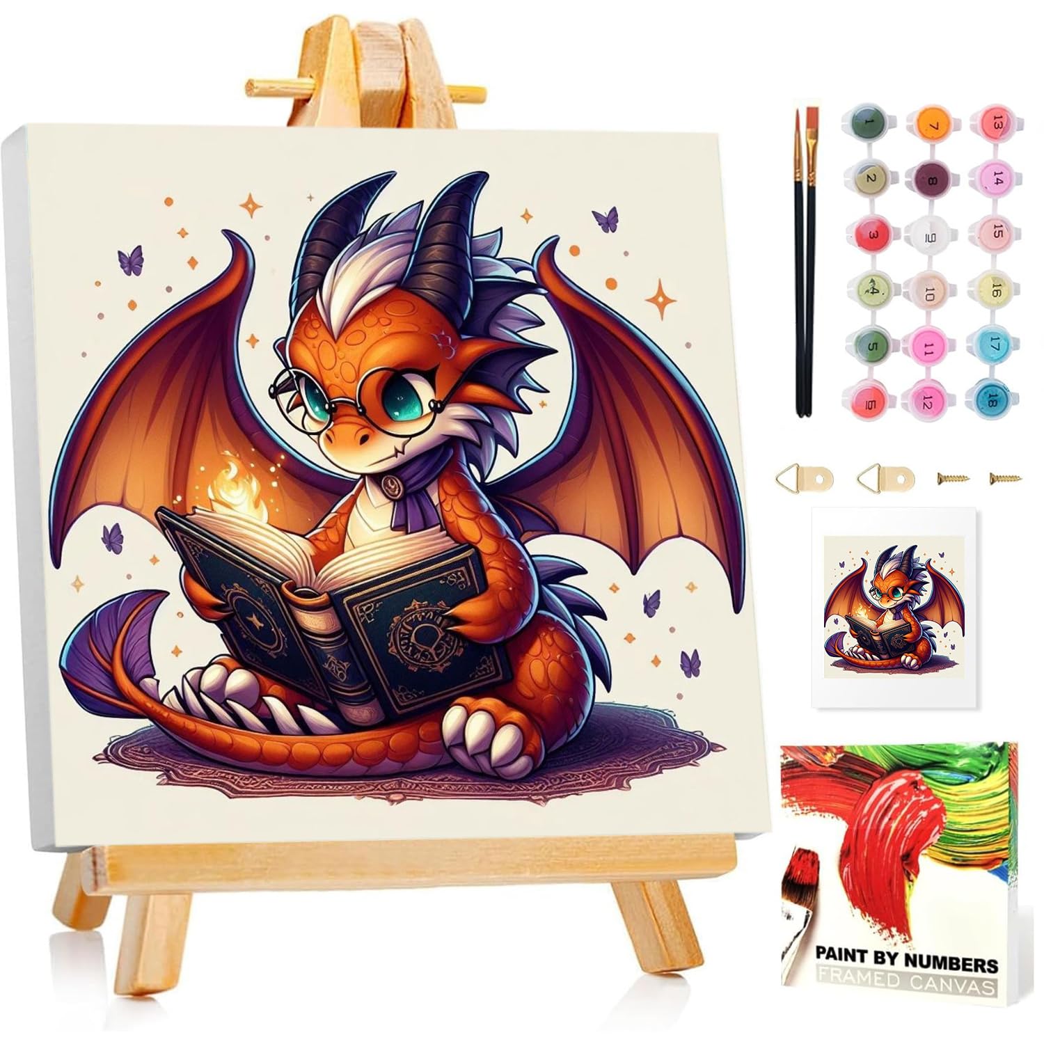 Malen Nach Zahlen Kinder mit Rahmen, Drachen Malen nach zahlen kinder ab 5 6 7 8 9 10 Jahre, Malset mit Rahmen, Pinsel und Acrylfarben, Geschenk für Mädchen und Jungen, mit Glitzer 20x20cm