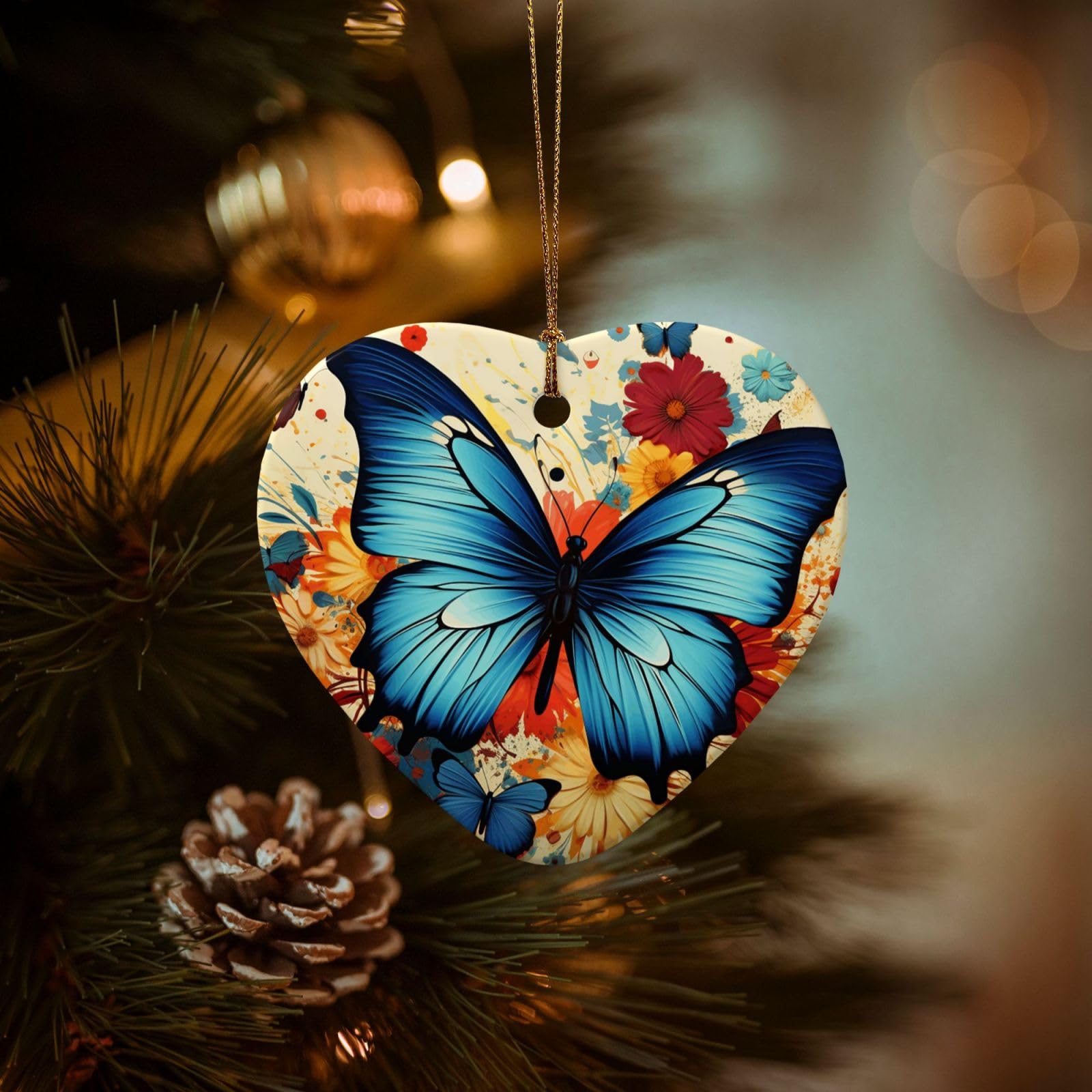 Christmas Ornaments for Christmas Tree Decoration Hanging Butterfly Ornament with Gold Ribbon Crafts Heart Shape Ceramic Pendant for Keepsake Gifts Xmas Decor Party Supplies