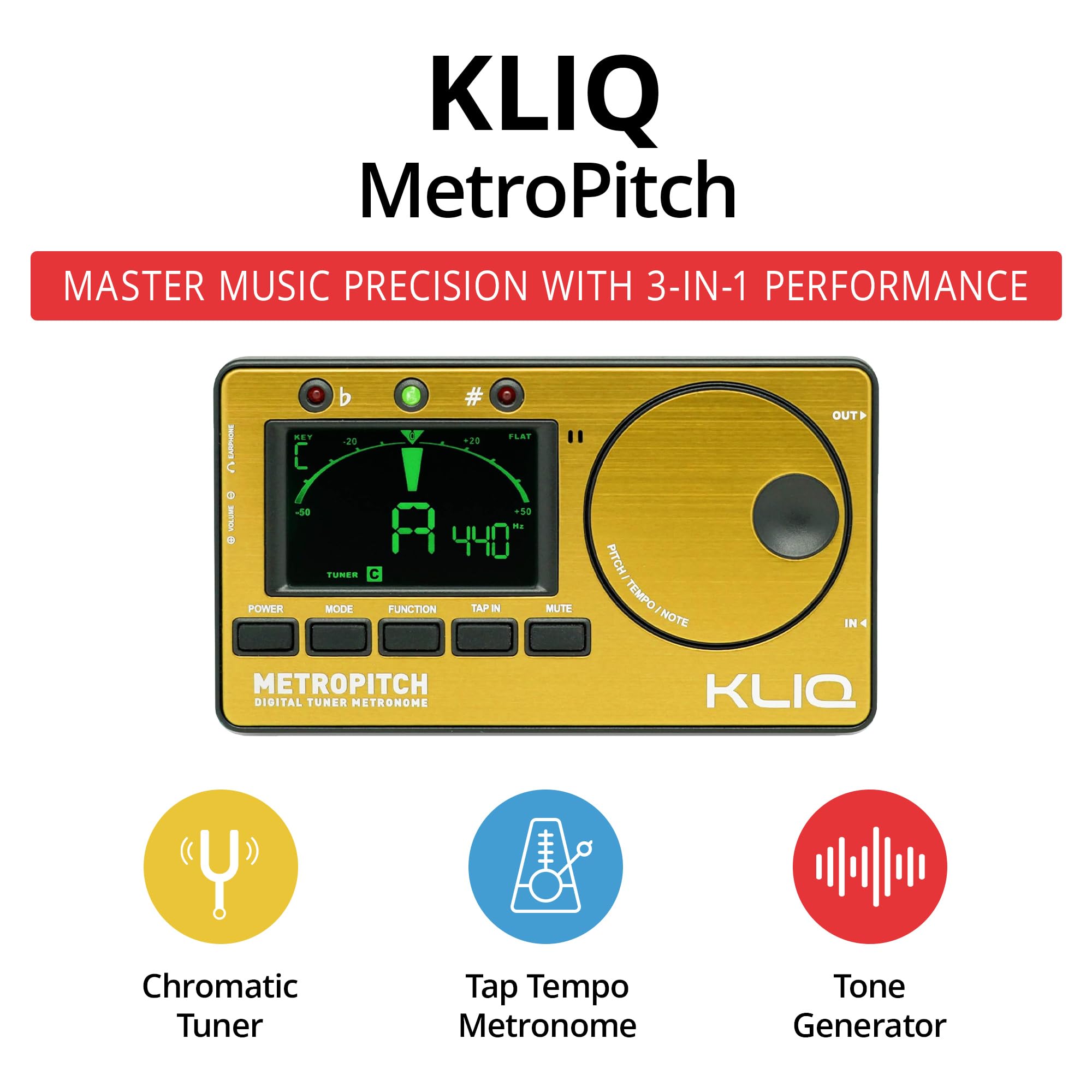 KLIQ MetroPitch - Metronome Tuner for All Instruments - with Guitar, Bass, Violin, Ukulele, and Chromatic Tuning Modes (MetroPitch, Gold)