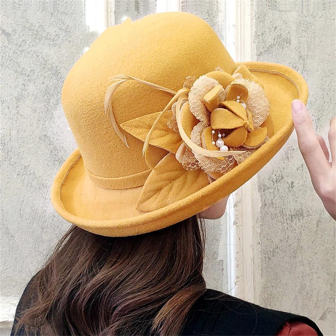 Yeuyyben Donne Floreale Cappello di Lana Primavera Inverno Cappelli Fedoras Elegante Bucket Cappelli Caldi Femminile Bombetta