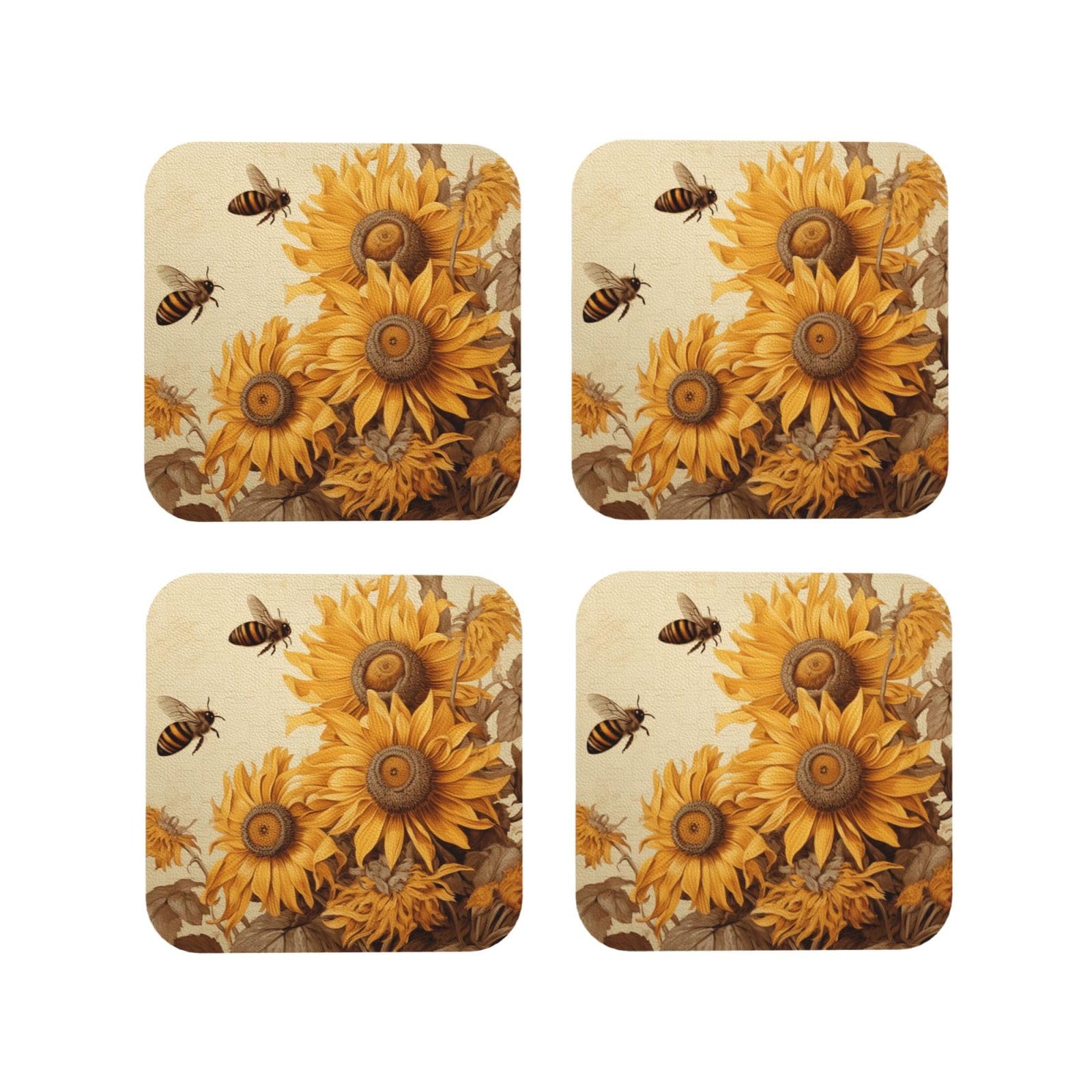 4pcs Drink Coasters for Tabletop Protection, 4" Leather Coasters for Drinks, Bees and Sunflowers Cup Coasters for Coffee Table Decor, Non-Slip Drinking Cup Mat for Hot Or Cold Drink