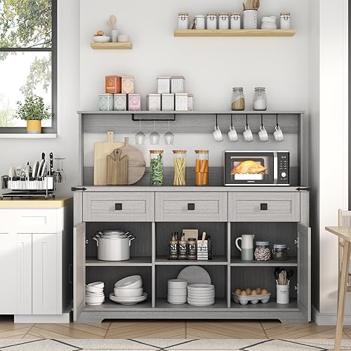Miniatura 7 de Gyfimoie Aparador de estilo rústico con almacenamiento, gabinete de barra de café con 3 cajones deslizantes, estante para licor y estante ajustable