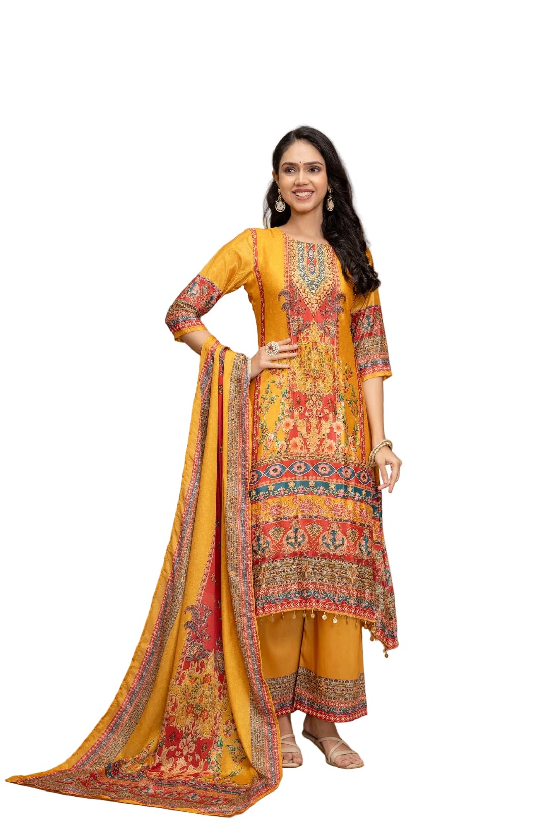 Embroidered & Printed Asymmetric Kurta with Palazzo & Printed Dupatta | Paisley & Floral Print | 3 Piece Ethnic Set-image-19