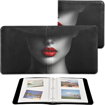 Red Lip Woman Leather Photo Album - 11.8x11.2x1.5 Inch, PU Material, Wipeable Exterior, 20 Self-Adhesive Pages Included, DIY Photo Storage with Loose-leaf Design