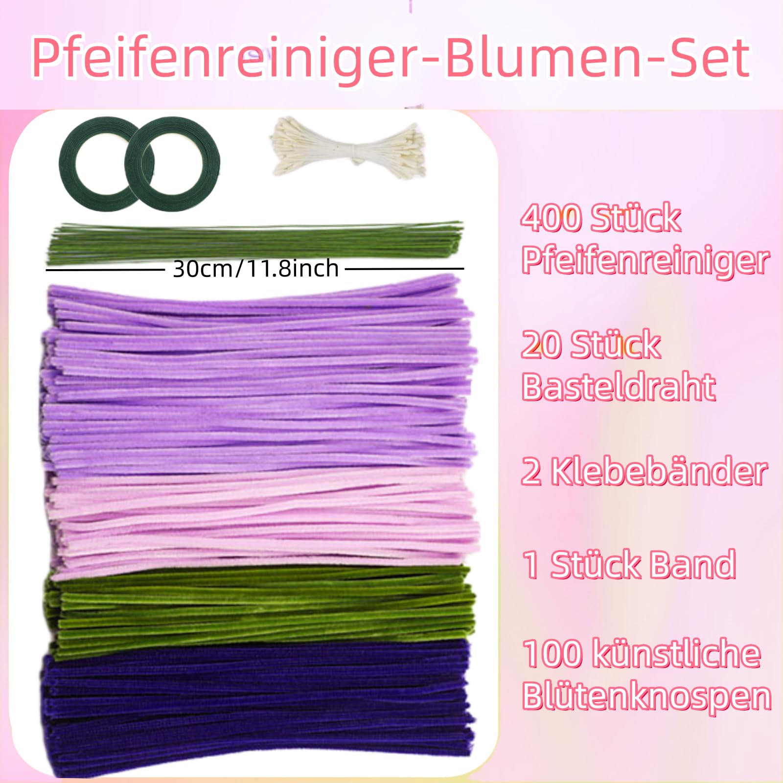 523 Pieces Pipe Cleaners Flowers Creative DIY Craft Set with 400 Pipe Cleaners Flexible Chenille Wire (30 cm) Pink, Green with Flower Handle Adults & Decoration (Purple) - Image 2