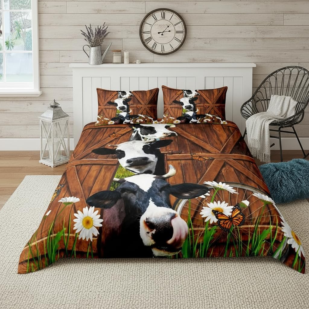 Parure de lit motif vaches et marguerites blanches en microfibre douce avec fermeture éclair