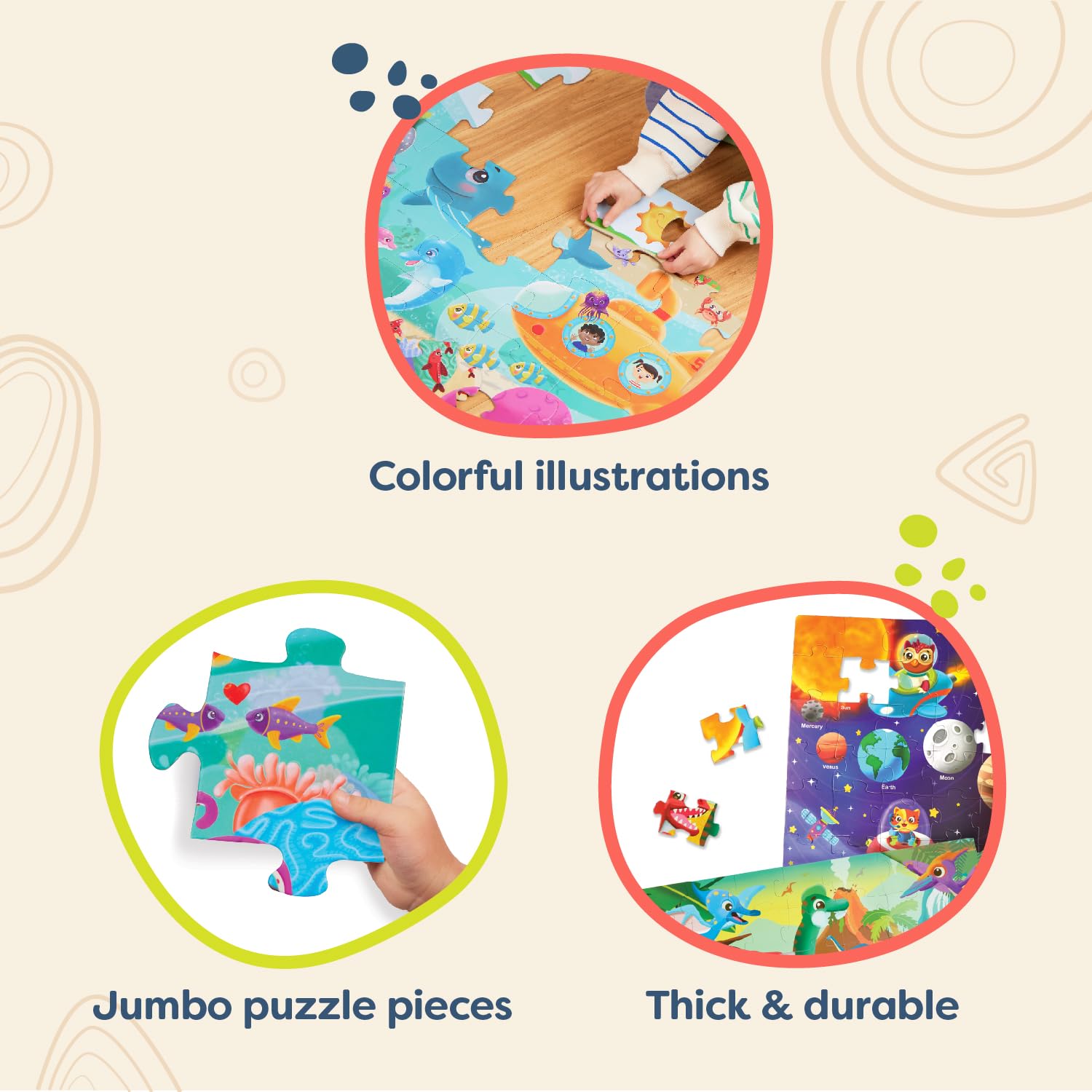 B. Toys - Gigantisches Puzzle 3er-Pack - Meer, Weltraum, Dinos - 48-Teile Bodenpuzzle (3er-Pack) - Ozean, Weltraum, Dinosaurier - Große 2 Fuß x 3 Fuß Puzzles für Kinder - 3 Jahre +