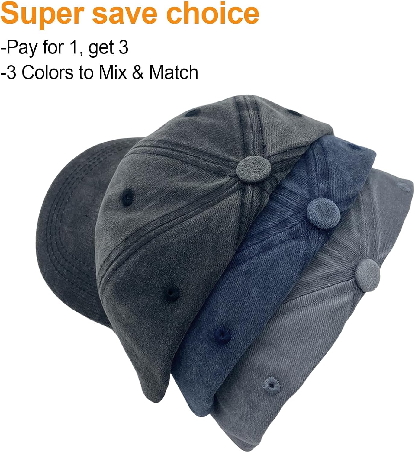 3 Packs Washed Plain Baseball Cap, Retro Adjustable Unstructured Cotton Dad Hats Gift for Men/Women - Image 2