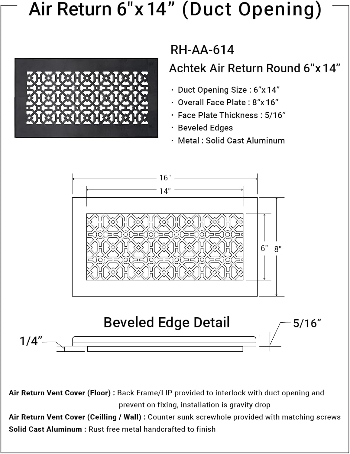 Achtek 6"x14" Duct (8"x16" Overall Size) Solid Cast Aluminum HVAC Air Return Grill Vent Cover | Powder Coated | for Wall-Black with Screw Holes