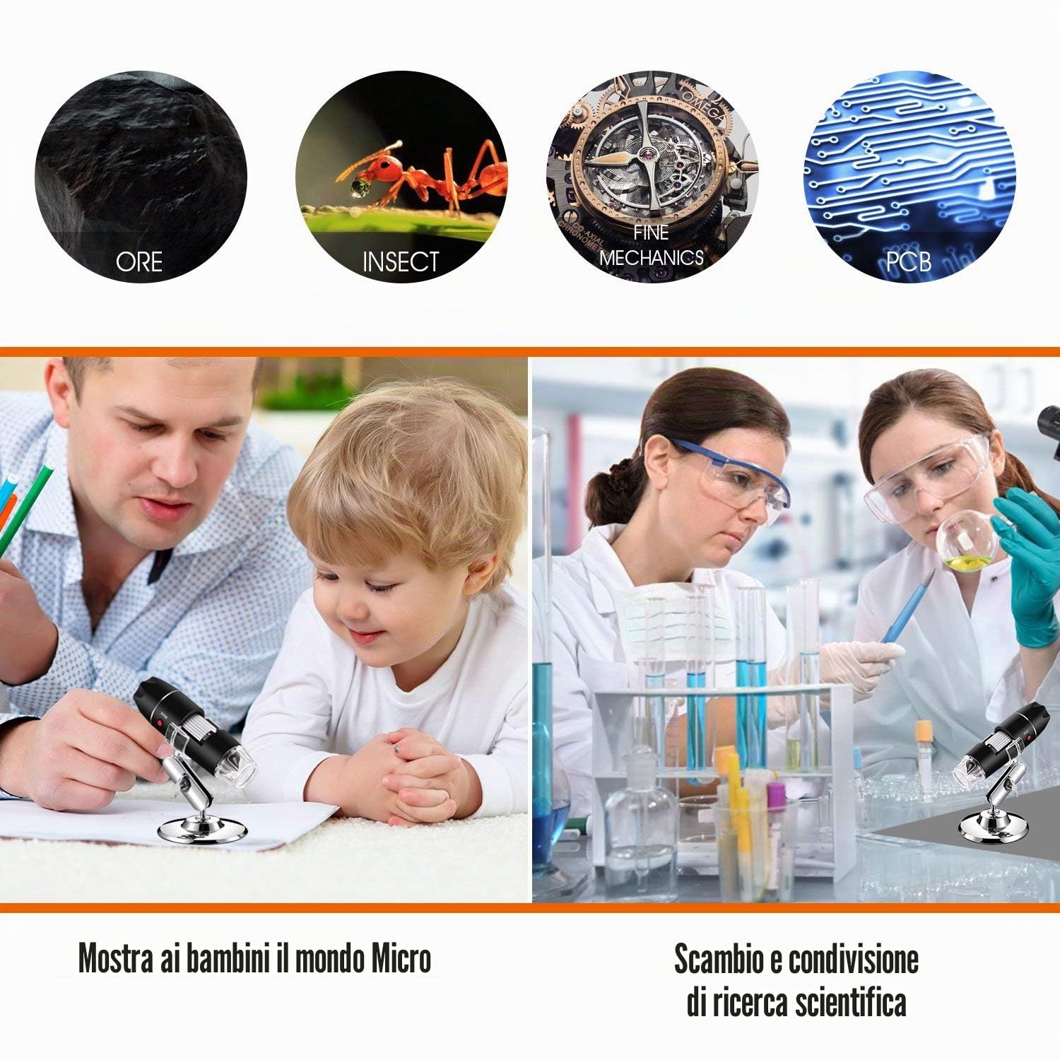 Jiusion 40 a 1000 x ingrandimento USB microscopio digitale endoscopio, 8 LED USB 2.0, mini videocamera con adattatore OTG e metallo supporto, compatibile con Mac e Windows 7 8 10 11 Android Linux