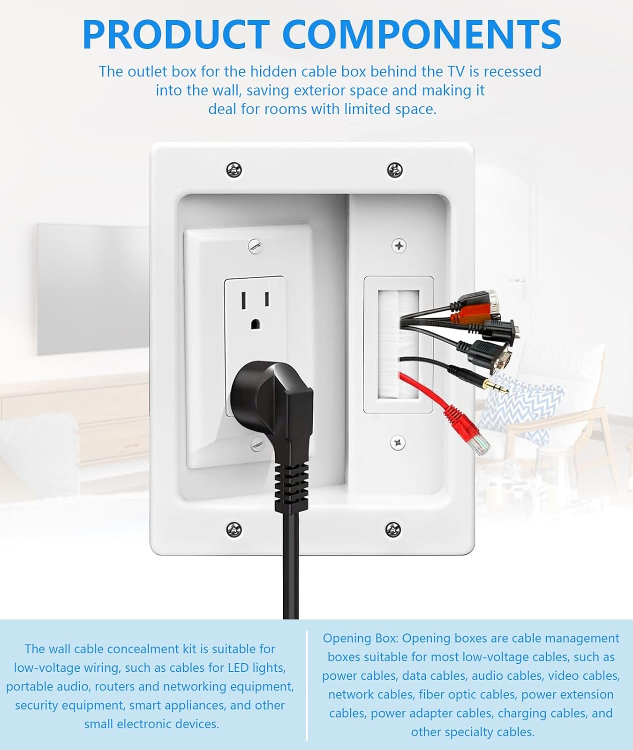 TV Cord Hider for Wall Mounted TV – Dual Outlet in-Wall Cable Management Kit for Power & Low Voltage Cables – Includes 9.84”L x 7.87”H x 3.94”D Module, Wall Template, Saw (2 Data Cable Jacks)