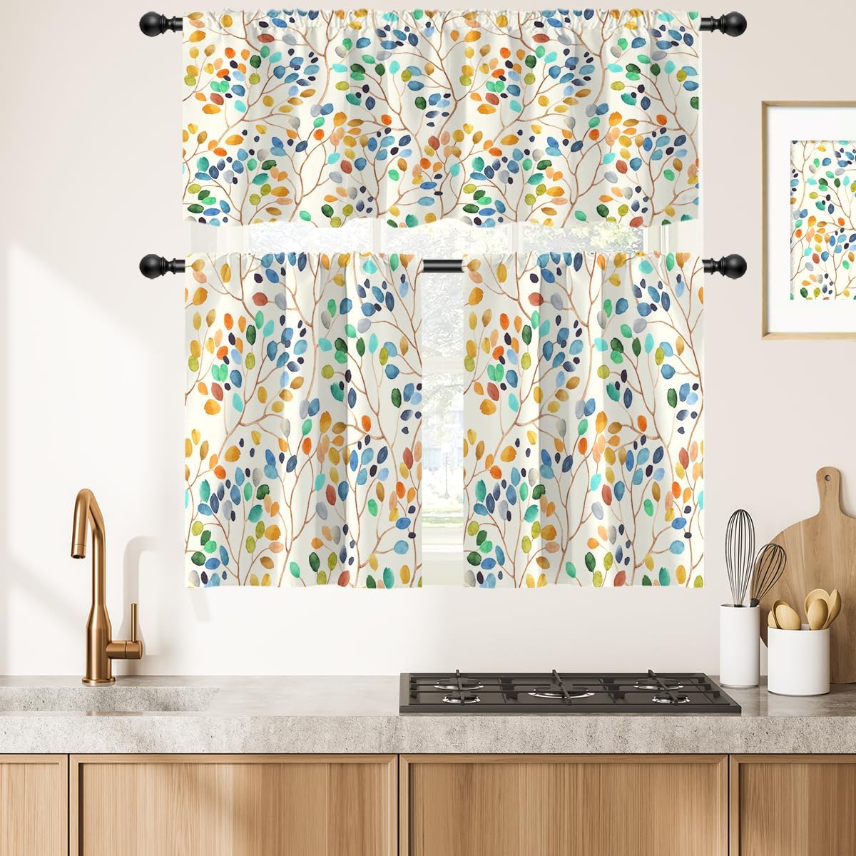 Colorful Kitchen Window Curtains Valance and Tiers Set Rod Pocket Small Short Mini Plant Floral Boho Watercolor Retro Vintage Drapes 3 Panel for Living Bedroom Decor 52x18 inch + 26x36 inch*2