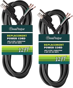 Industries Inc 3-Wire Appliance and Power Tool Cord, 12 ft, 14 AWG, 15A/125V AC, 1875w, Black, 2pack