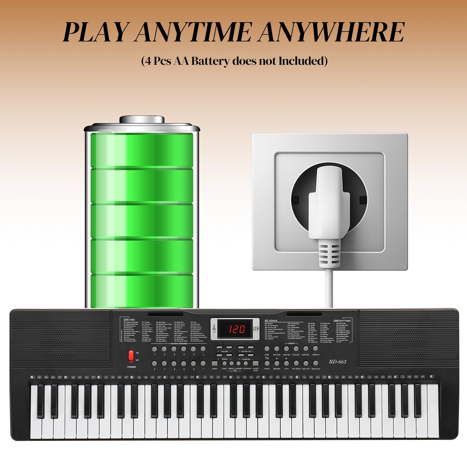 Bonnlo GEP-110S01 Piano Numérique 61 Touches, Clavier avec Support et Tabouret de Piano, Haut-Parleurs Intégrés, Casque, Microphone, Pupitre, écran LED, 3 Modes d'Apprentissage, Noir