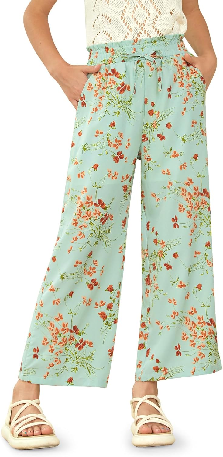 IIMMER Girls Summer Cute Print Wide Leg Dress Pants Lightweight Palazzo Pants Flowy Lounge Trousers with Pocket 5-14 Years