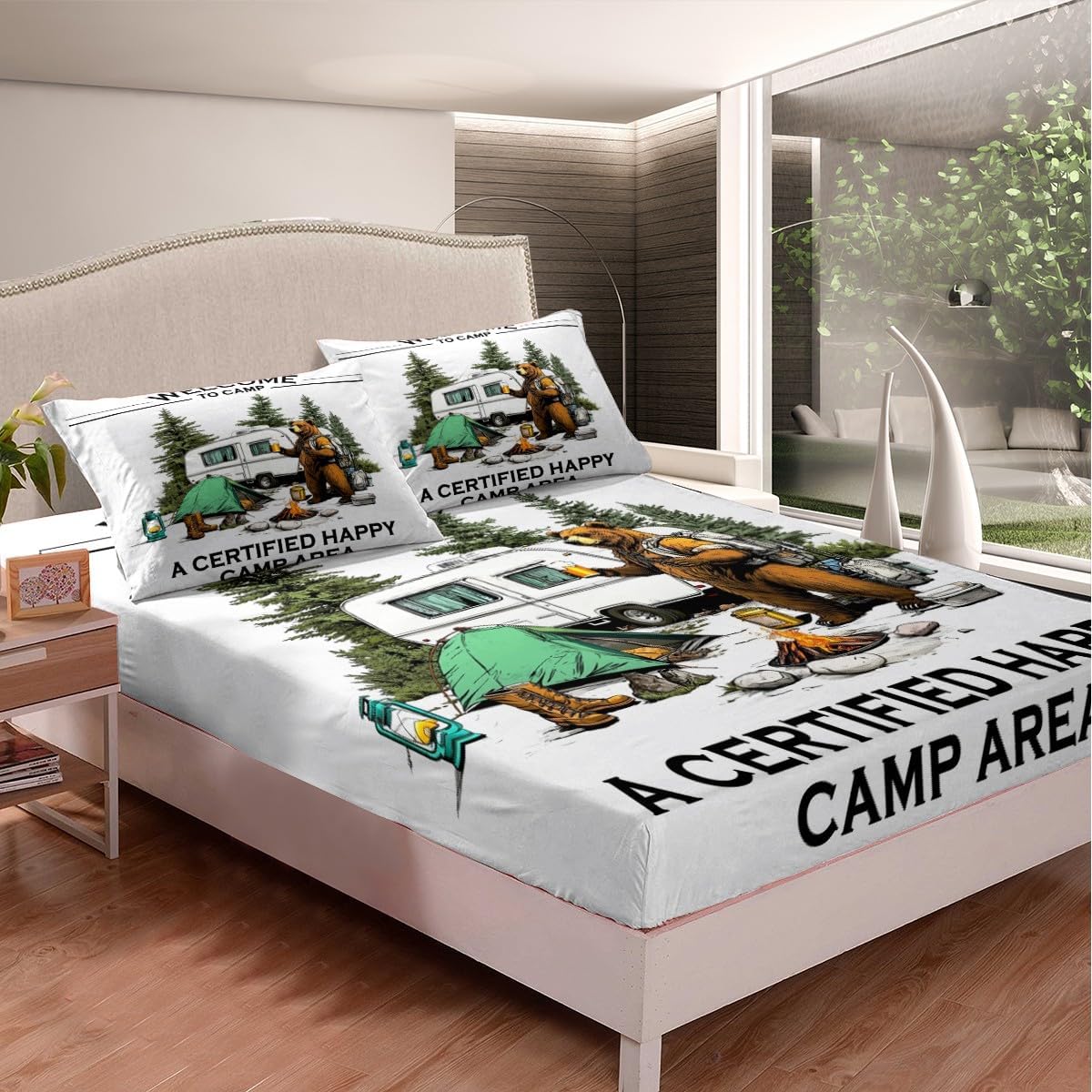 jejeloiu Camper Fitted Sheet Twin Size Kids Happy White Camping Bedding Set for Boys Girls Teens RV Camping Bed Sheets Set Breathable Soft Lightweight
