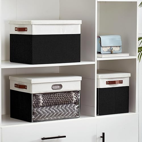 Miniatura 5 de Contenedores de Almacenamiento de Tela con Ventana Transparente con Tapa, Caja de Almacenamiento para Armario, Cestas de Lino para Armario con 3