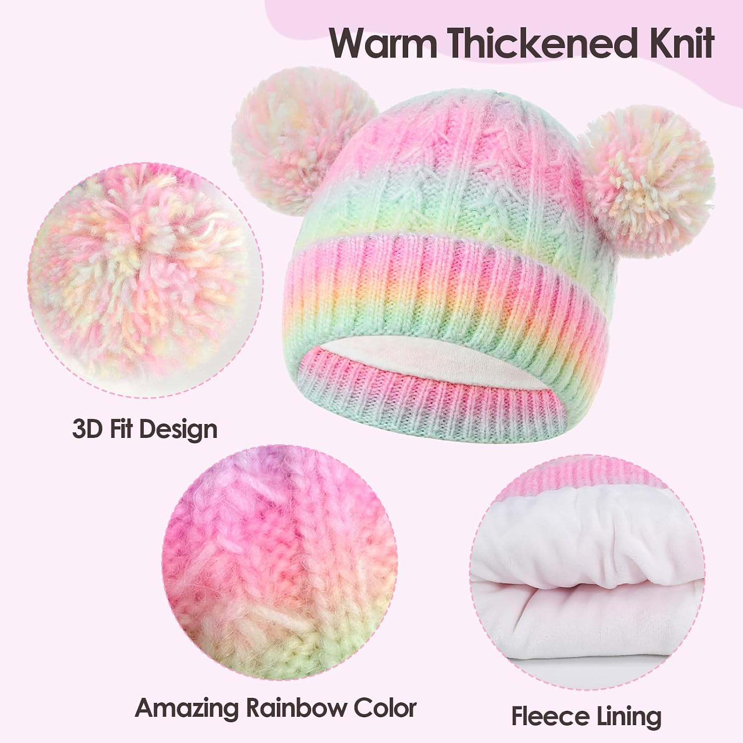 Kids Winter Hat Gloves Scarf Set for 2-15 Years Girls Warm Fleece Lined Pompom Beanie Hat Neck Warmer and Gloves