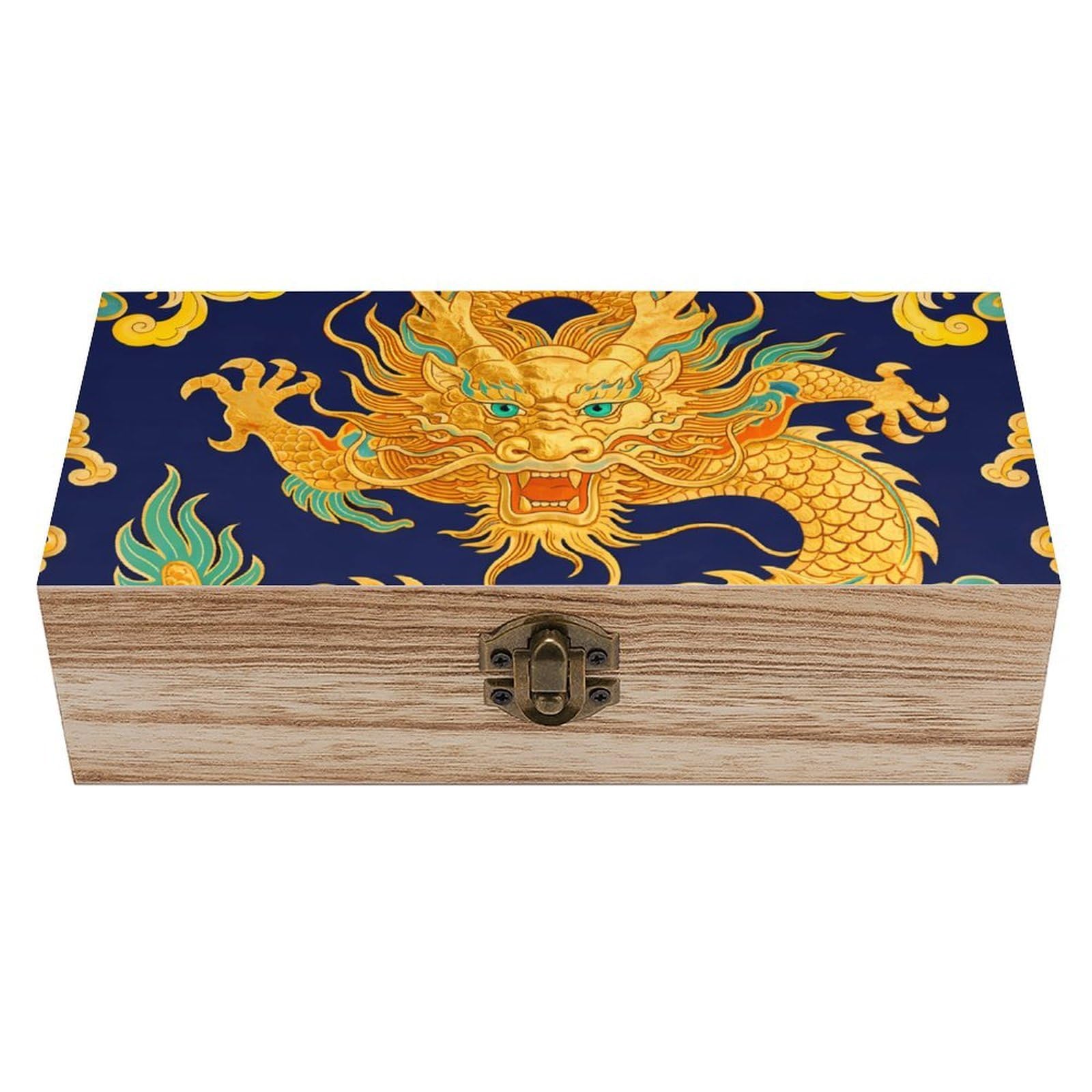 SMAZDFXX Tradition Dragon Design Wooden Storage Box With Hinged Lid Decorative Front Clasp Keepsake Boxes