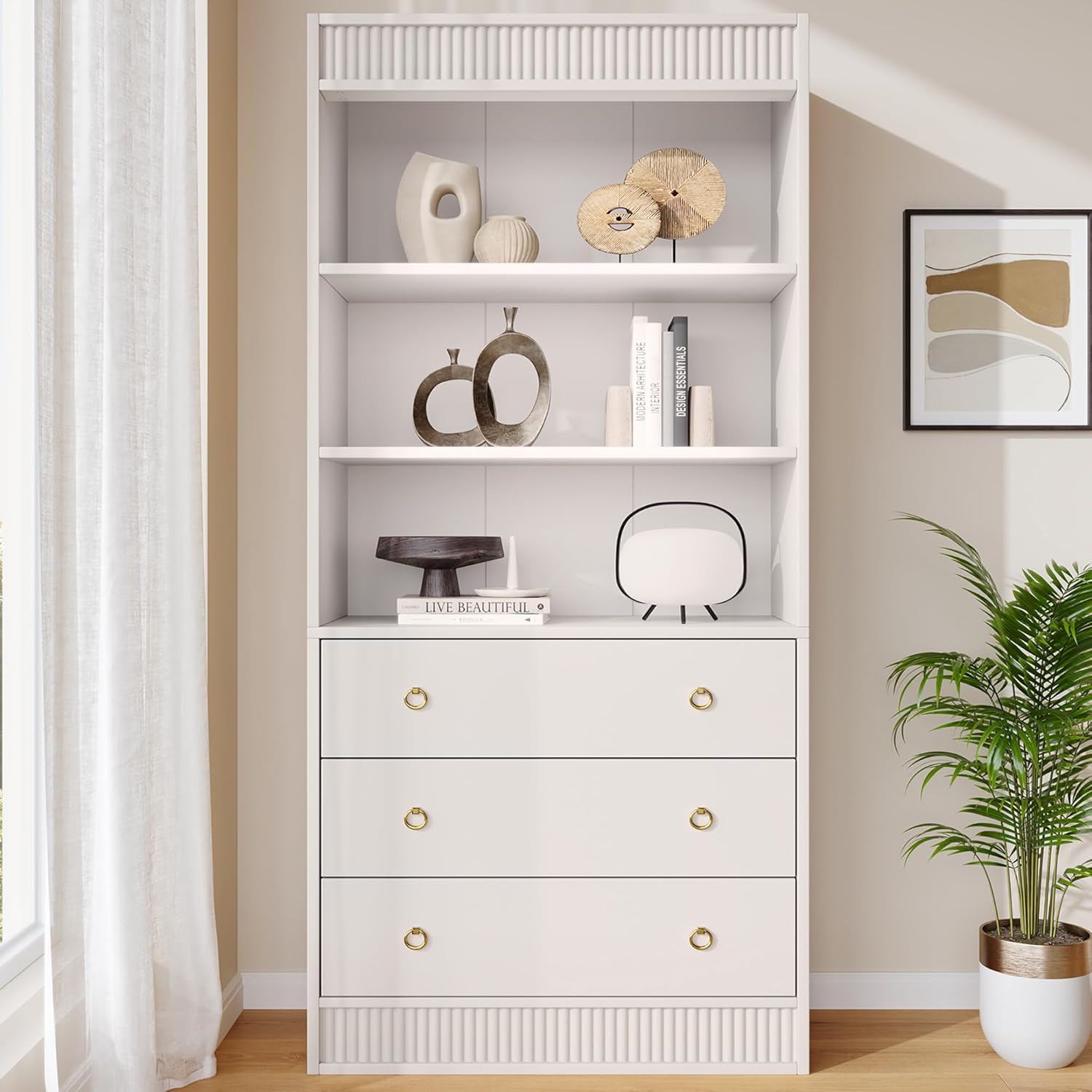 GarveeHome Bookshelf with Drawers 70.8" Fluted Bookcase, White Bookshelf 6 Tier Bookcase with Storage, Tall Book Shelf with Waved Design, Storage Cabinet with Open Shelf for Living Room Office
