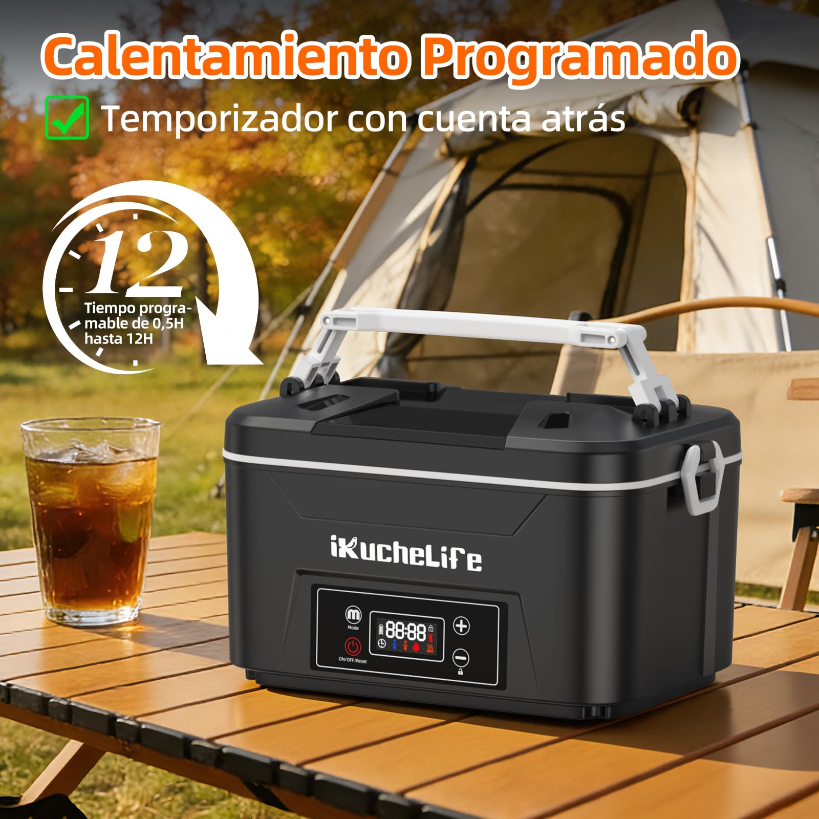 Fiambrera Electrica 1,2L Inalámbrica Programado Taper Electrico para Comida con Divisores Extraíbles Cubiertos y Bolsa Térmica Tupper Calentador para Comida USB para Coche Camion（Negro）