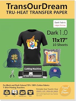 TransOurDream Dark Heat Transfer Paper for T Shirts (10 Sheets, 11x17) Printable HTV Heat Transfer Vinyl for Inkjet Printer Iron on Transfers for Dark Fabrics