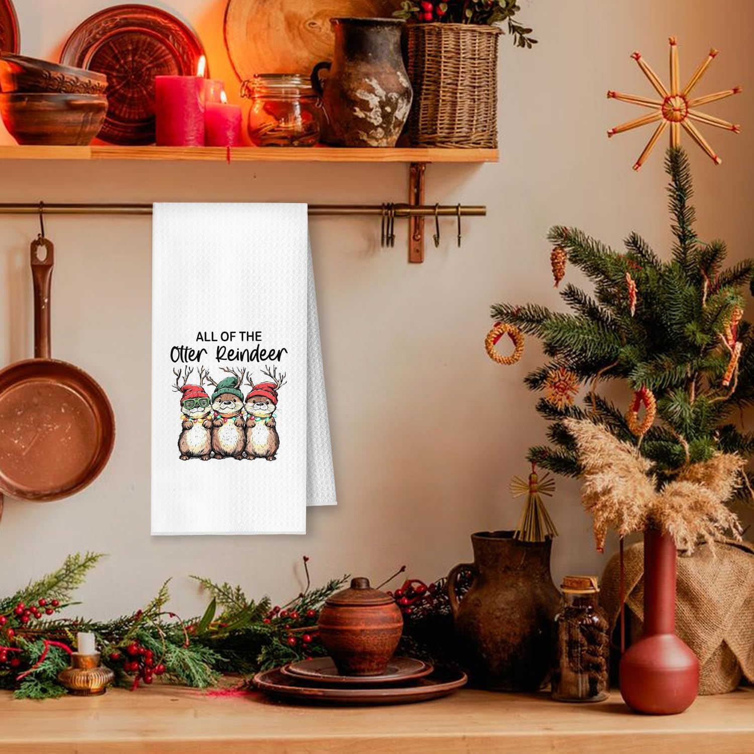 Otter Reindeer Christmas Kitchen Towels, Otter Lover Gifts Dish Tea Towels, Winter Holiday Christmas Wild Animal Decorative Hand Towel for Bathroom Kitchen, 16x24 Inch image 2