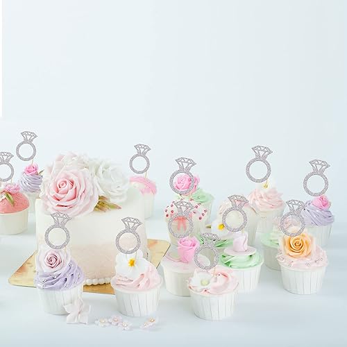 Miniatura 12 de 24Pcs Gold Glitter Diamond Ring Donut Toppers Cupcake Picks Wedding Cake Decorations for Bridal Shower Wedding Engagement Party Decorations