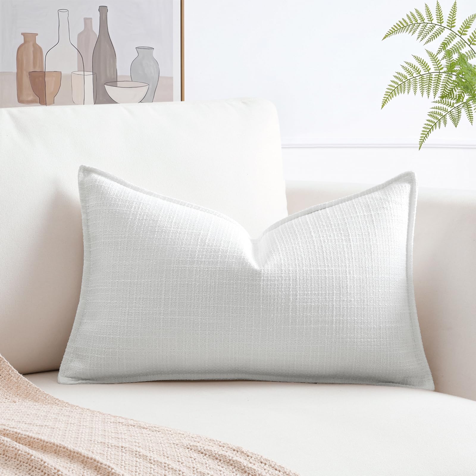 Artscope Pack of 1 White Lumbar Cushion Cover 12x20 Inch Linen Texture Couch Throw Pillows Farmhouse Pillow Covers with Elegant Design for Sofa Bedroom Living Room Home Decor 30 x 50 CM